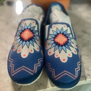Navy Blue Bohemian Flats with Floral Design